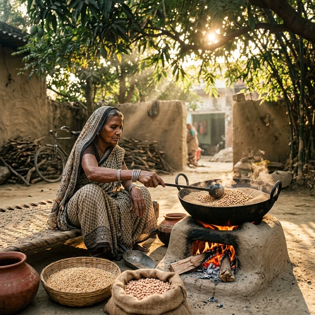 Authentic mud walls and clay stoves in a village courtyard, glowing with warm fire embers
